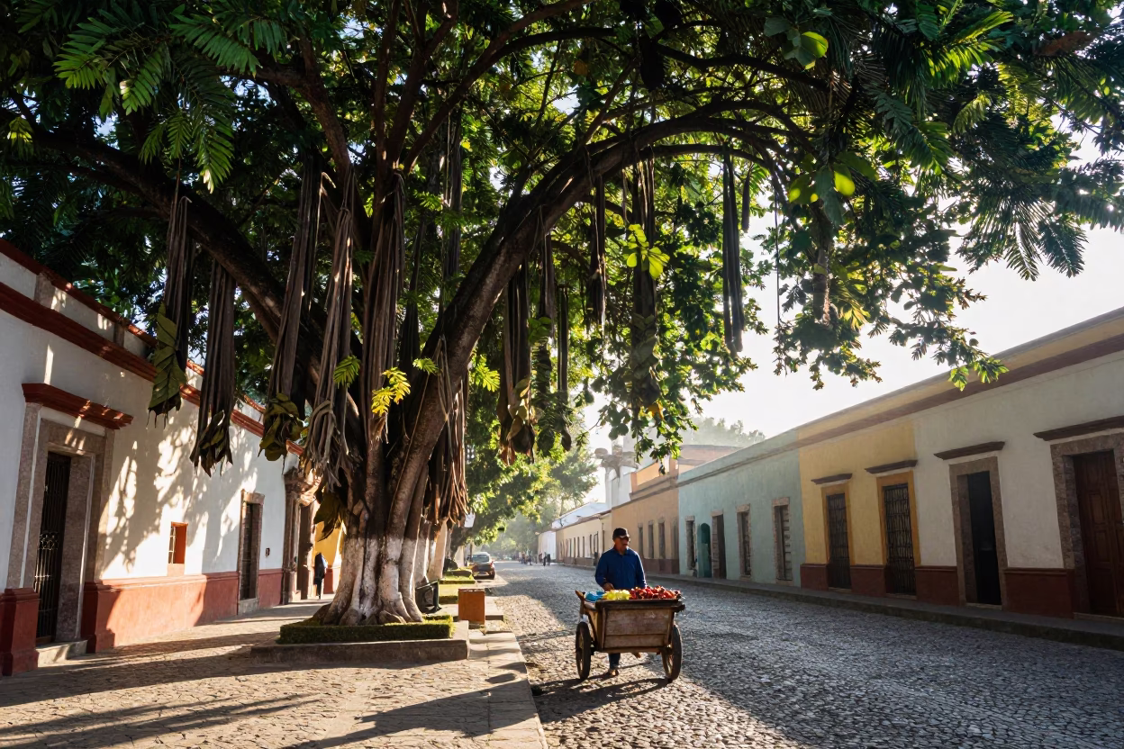 Merida Mexico Morning Street Scene with Banyan Tree and Local Vendor in in Merida, Mexico