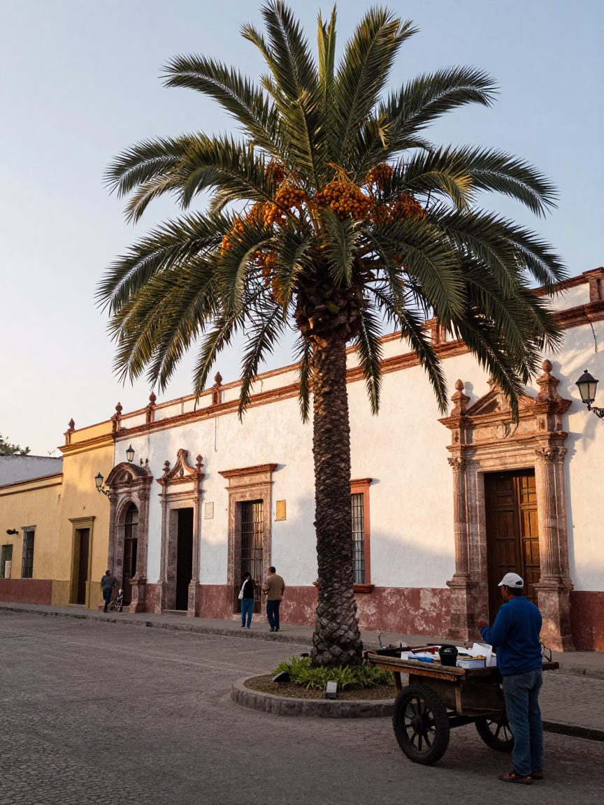 Merida Mexico Morning Street Scene with Date Palm and Vintage 1950s Details in in Merida, Mexico