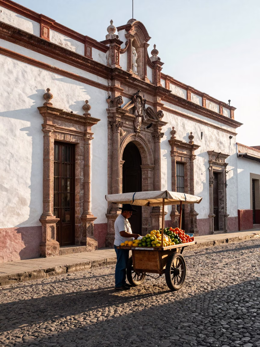 Merida Mexico Morning Street Scene with Local Vendor and Vintage Details in in Merida, Mexico