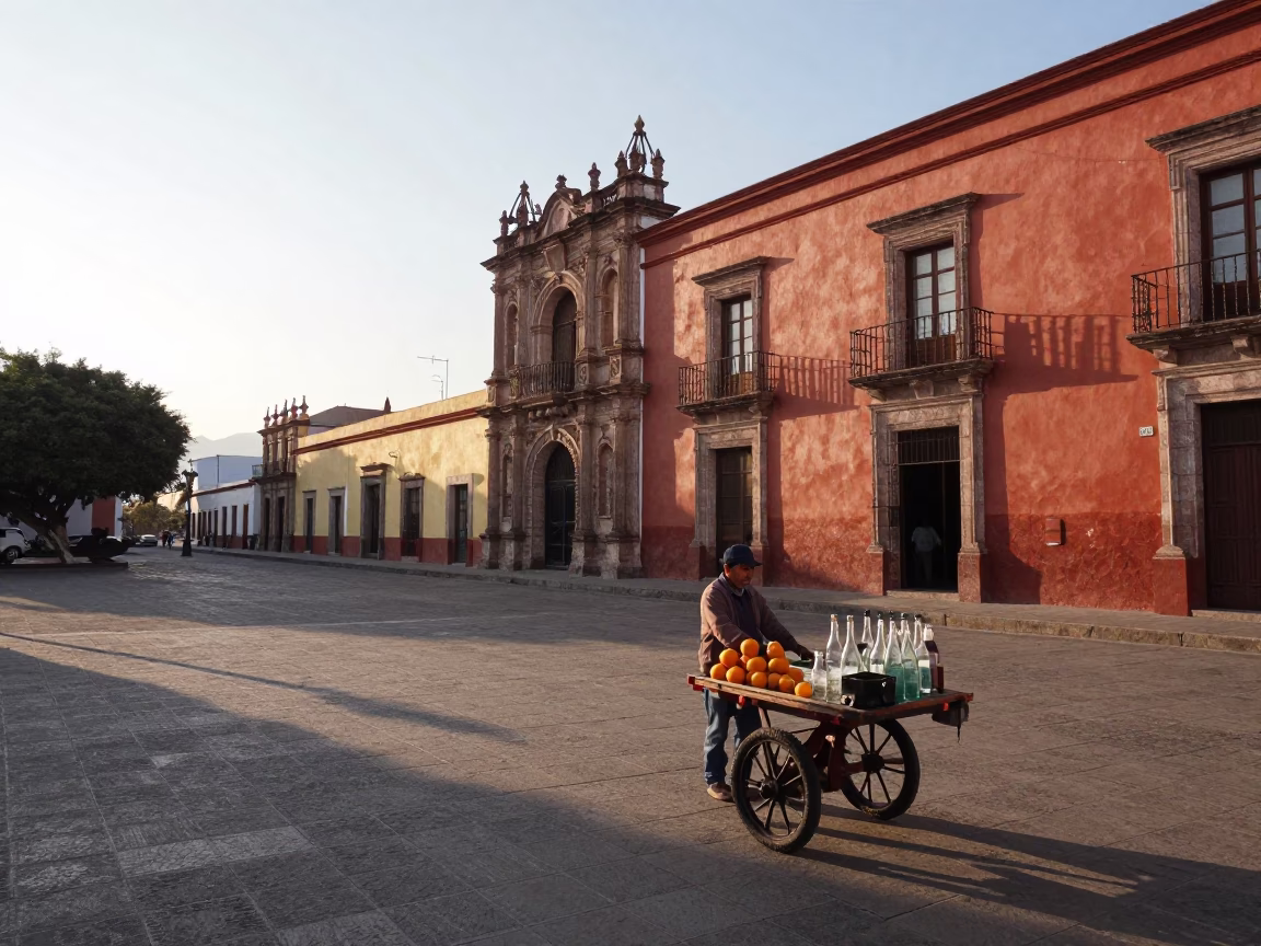 Merida Mexico Morning Street Scene with Oranges and Glass Bottles After Sunrise in in Merida, Mexico