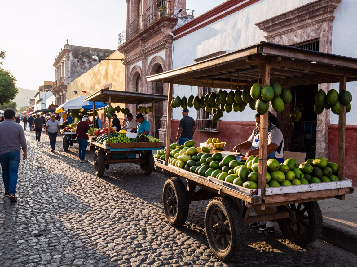 Merida Mexico Morning Street Scene with Rolling Carts and Local Commerce After Sunrise in in Merida, Mexico