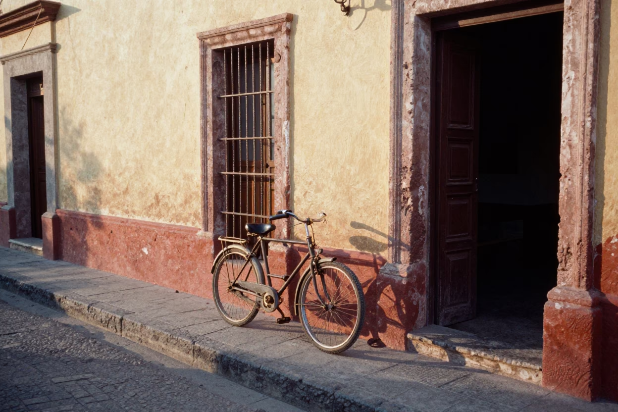 Merida Mexico Morning Street Scene with Vintage Bicycle and Clay Pot in in Merida, Mexico