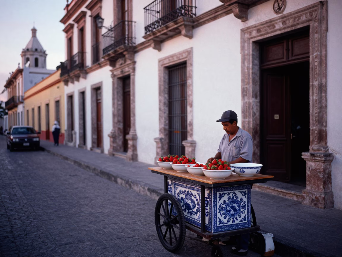 Merida Mexico Nautical Dawn Street Scene with Blue White Porcelain Bowl in in Merida, Mexico
