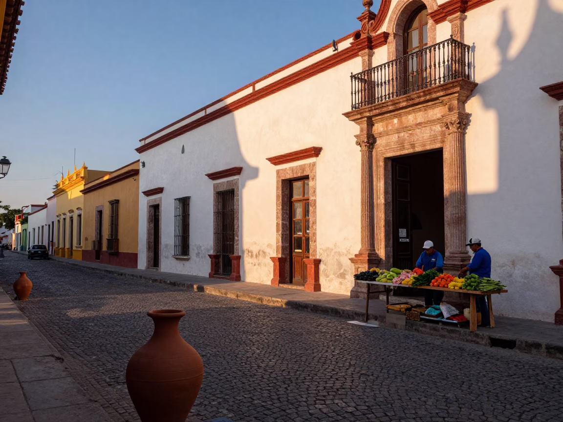 Merida Mexico Nautical Dawn Street Scene with Clay Pot and Basket Tray in in Merida, Mexico