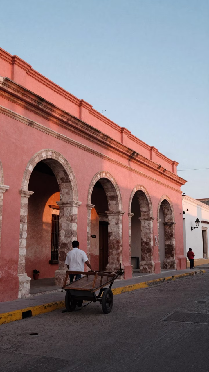 Merida Mexico Nautical Dawn Street Scene with Colonial Architecture and Early Morning Activity in in Merida, Mexico