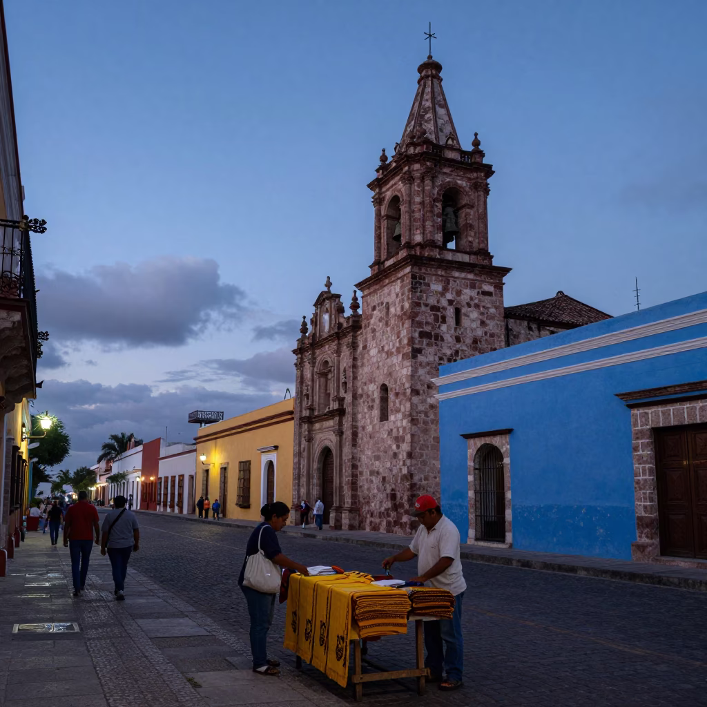 Merida Mexico Nautical Dawn Street Scene with Colorful Colonial Architecture and Local Market Activity in in Merida, Mexico