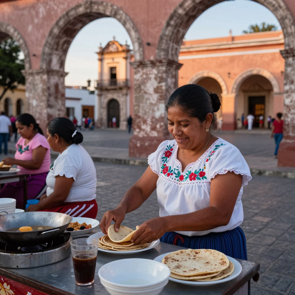 Merida Mexico Nautical Dawn Street Scene with Local Breakfast and Vintage 1990s Photography in in Merida, Mexico