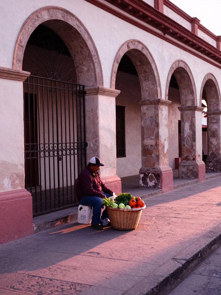 Merida Mexico Nautical Dawn Street Scene with Local Vendor and Basket in in Merida, Mexico