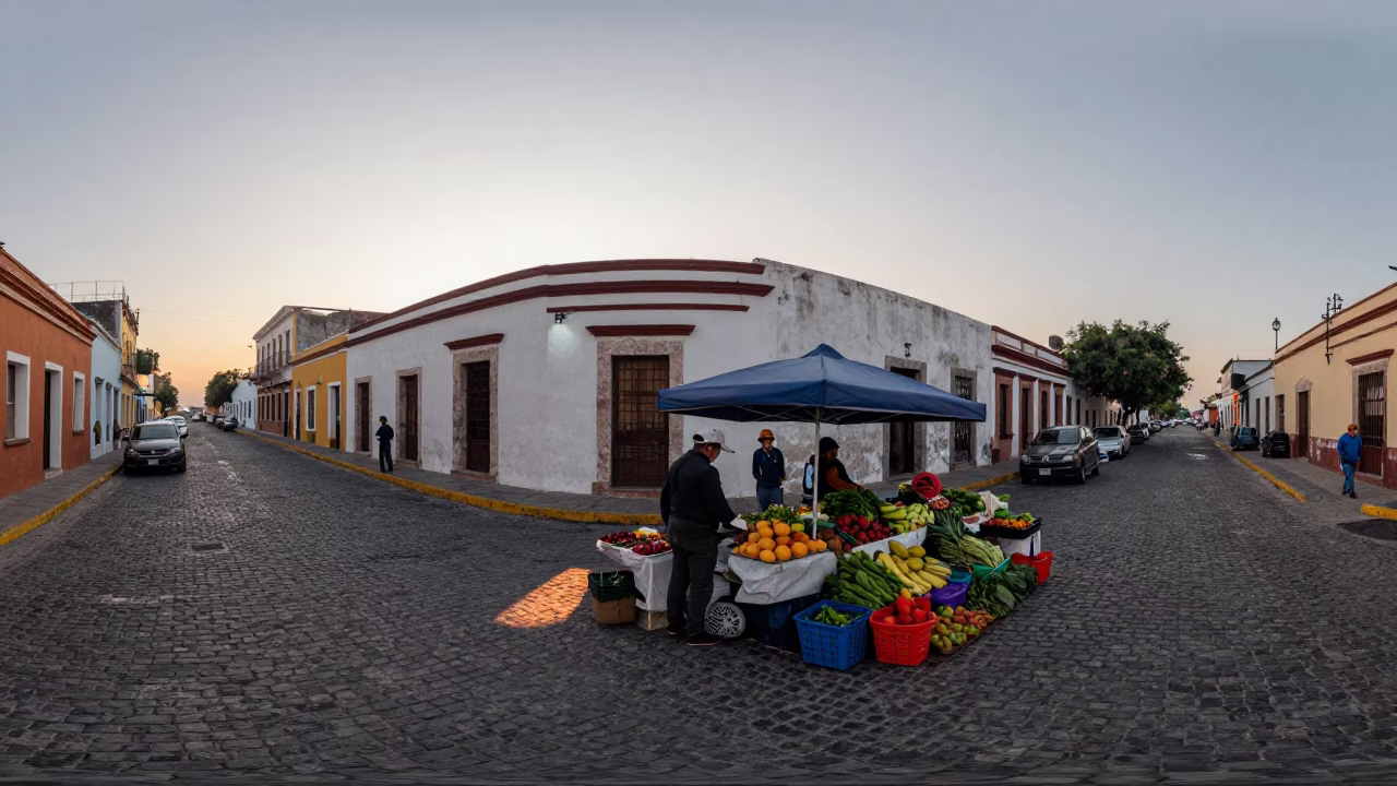 Merida Mexico Nautical Dawn Street Scene with Local Vendor and Morning Light in in Merida, Mexico