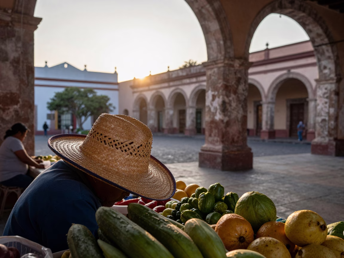 Merida Mexico Nautical Dawn Street Scene with Local Vendor and Straw Hat in in Merida, Mexico