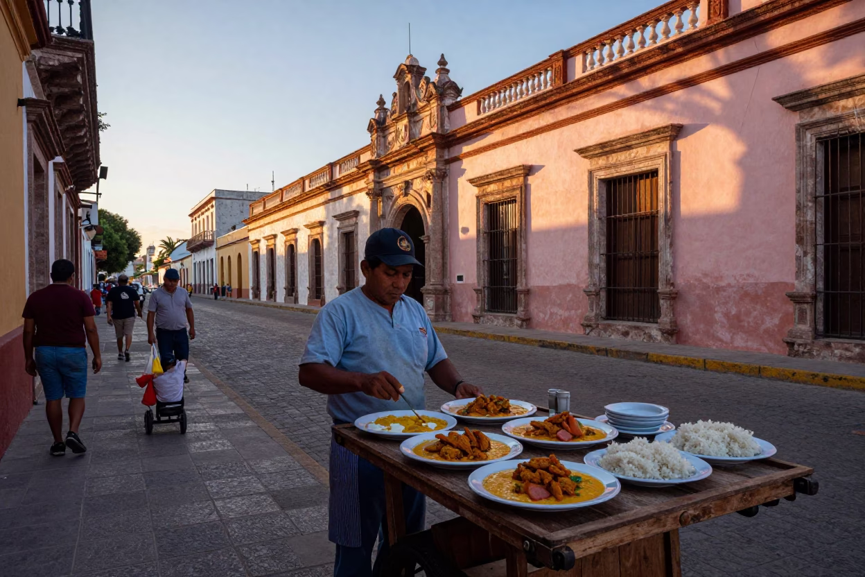 Merida Mexico Nautical Dawn Street Scene with Traditional Food and Local Life in in Merida, Mexico