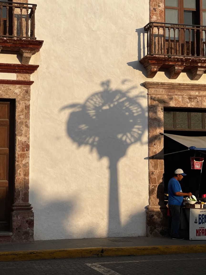 Merida Mexico Nautical Dawn Street Scene with Wicker Shadow on Plaster Wall in in Merida, Mexico