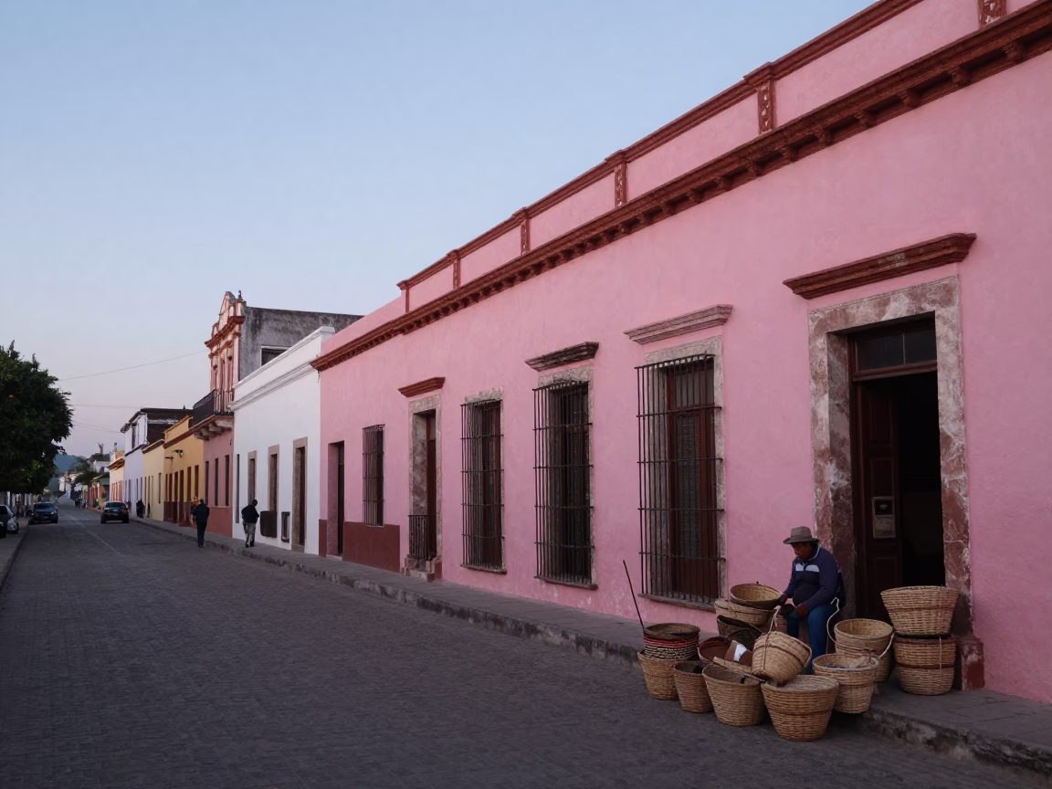 Merida Mexico Nautical Dawn Street Scene with Woven Baskets and Colonial Architecture in in Merida, Mexico