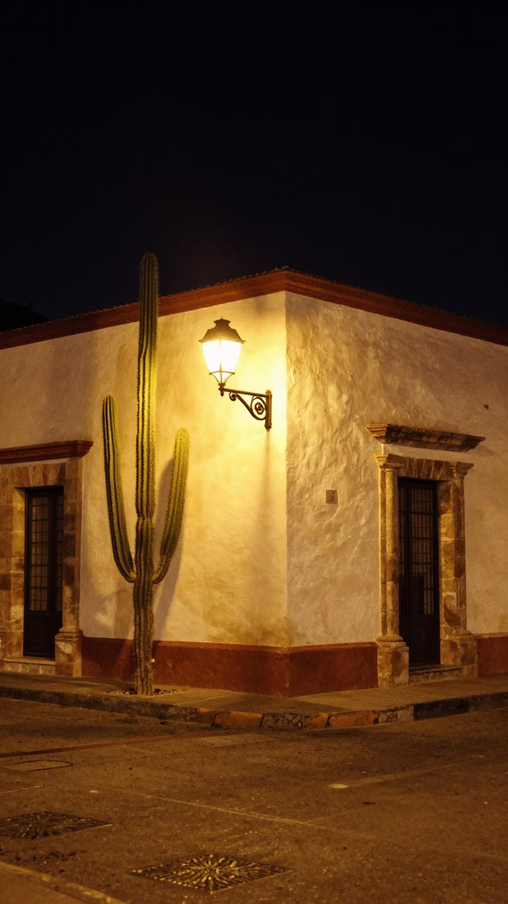 Merida Mexico Night Scene Prickly Pear Cactus Colonial Architecture Street Life in in Merida, Mexico