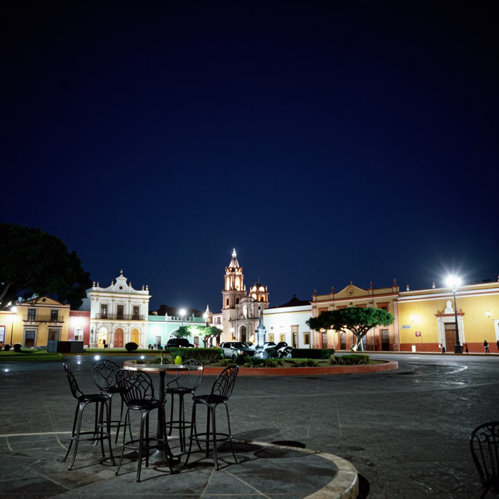 Merida Mexico Night Sky Above Colonial Plaza With Bar Stools And Blanket in in Merida, Mexico