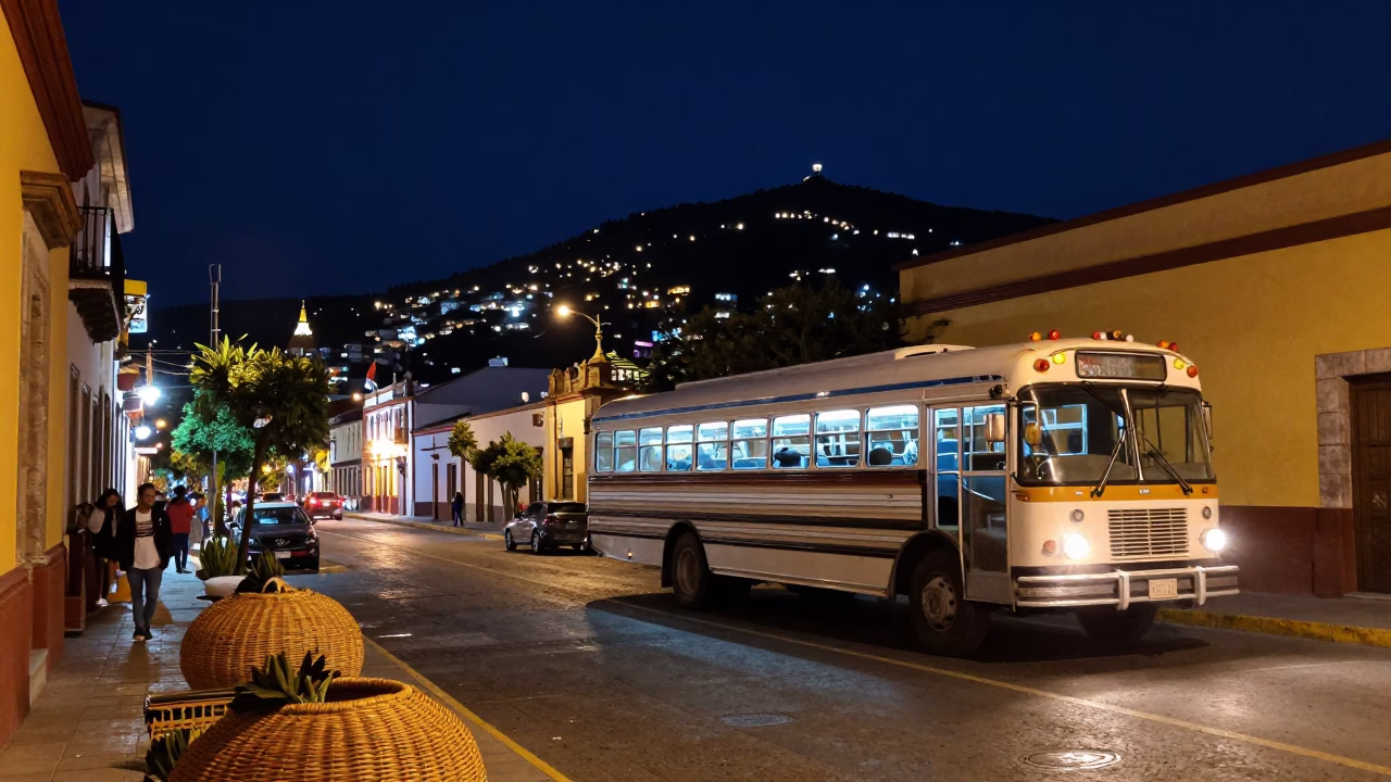 Merida Mexico night street scene with classic bus and wicker shadow under deep sky in in Merida, Mexico