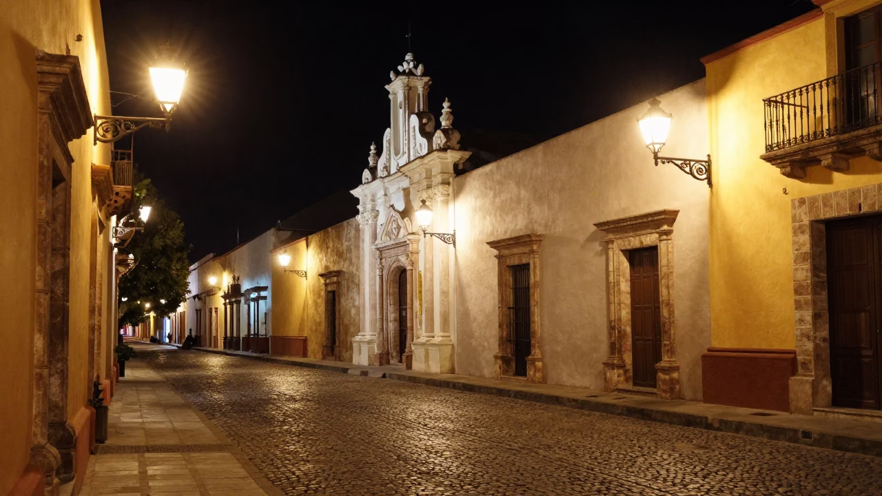 Merida Mexico Night Street Scene with Colonial Architecture and Local Life in in Merida, Mexico