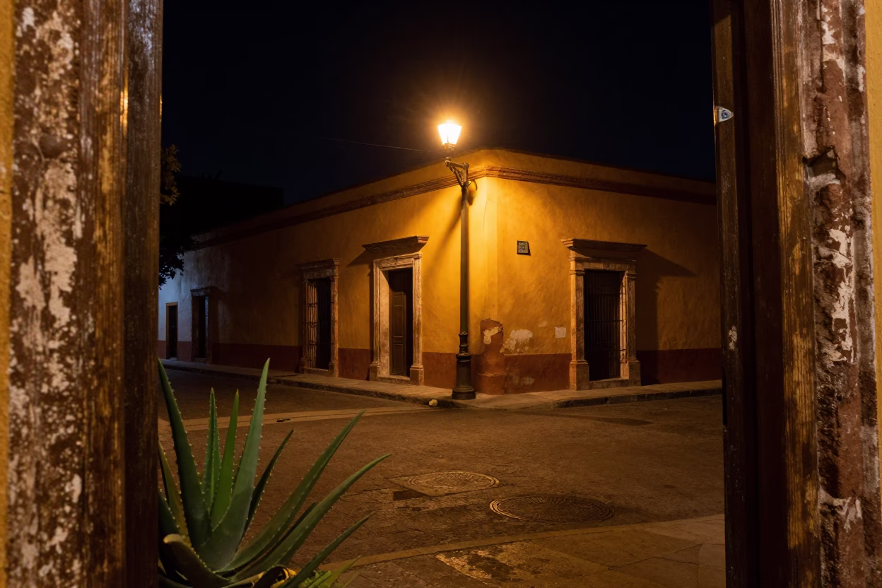Merida Mexico Night Street Scene with Doorframe and Aloe Vera Plant in in Merida, Mexico