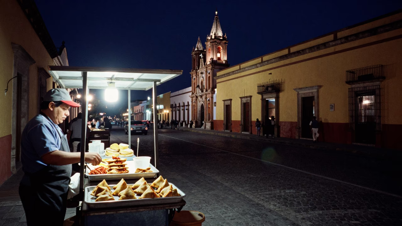 Merida Mexico Night Street Scene with Food Vendor and Historic Plaza Architecture in in Merida, Mexico