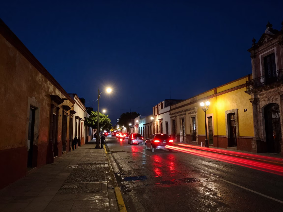 Merida Mexico night street scene with glowing taillights and colonial architecture in in Merida, Mexico