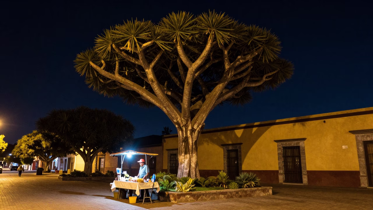 Merida Mexico Night Street Scene with Monkey Puzzle Tree and Local Street Food Vendor in in Merida, Mexico