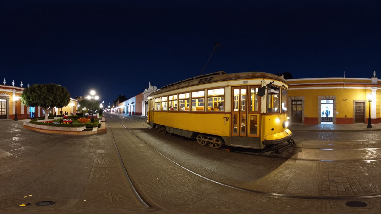 Merida Mexico Night Street Scene with Vintage Tram and Plaza Architecture in in Merida, Mexico
