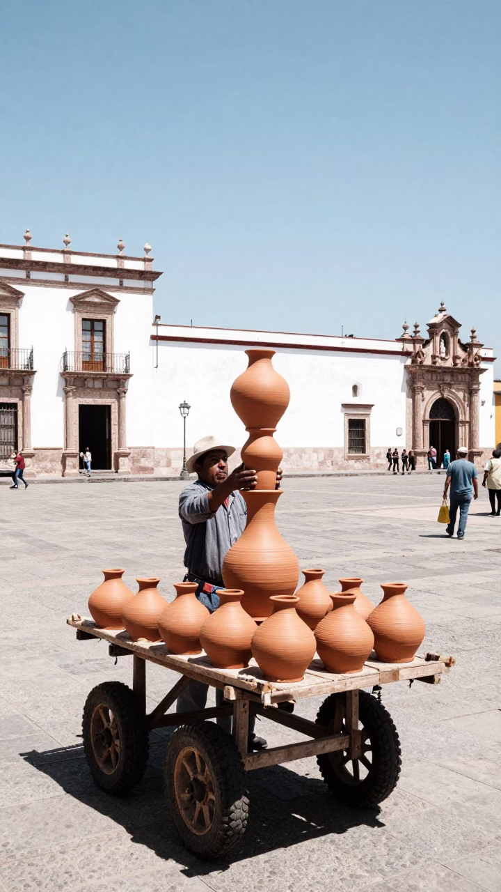Merida Mexico Noon Light Clay Pot and Street Vendor Trade Scene in in Merida, Mexico