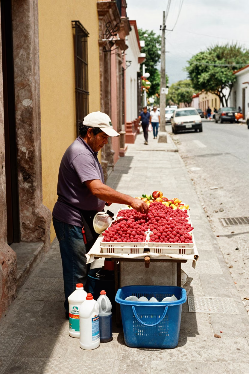 Merida Mexico Noon Street Scene with Cleaning Supplies and Local Commerce in in Merida, Mexico