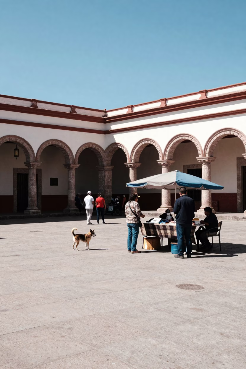 Merida Mexico Noon Street Scene with Dog and Local Market Elements in in Merida, Mexico