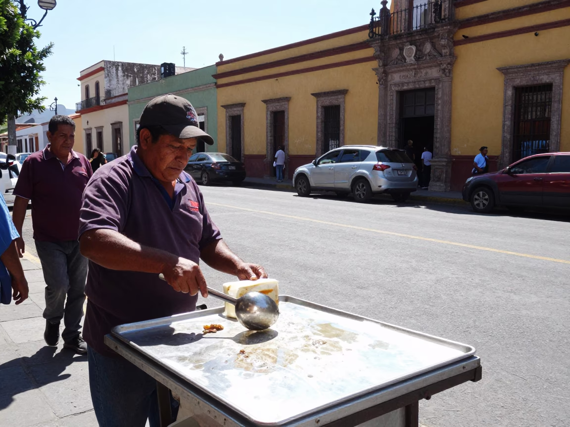 Merida Mexico Noon Street Scene with Grease Sheen and Serving Spoon in in Merida, Mexico