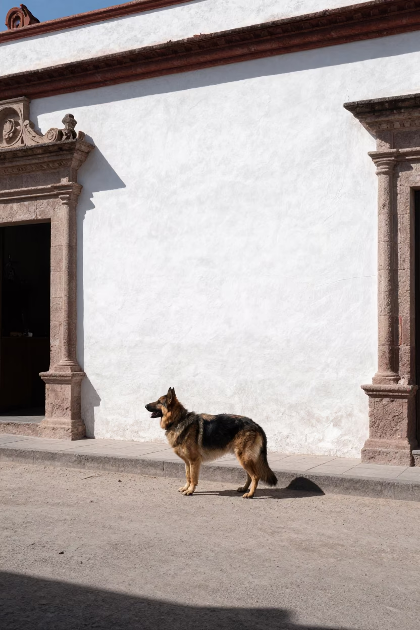 Merida Mexico Noon Sunlight Street Scene with Bohemian Shepherd and Local Architecture in in Merida, Mexico