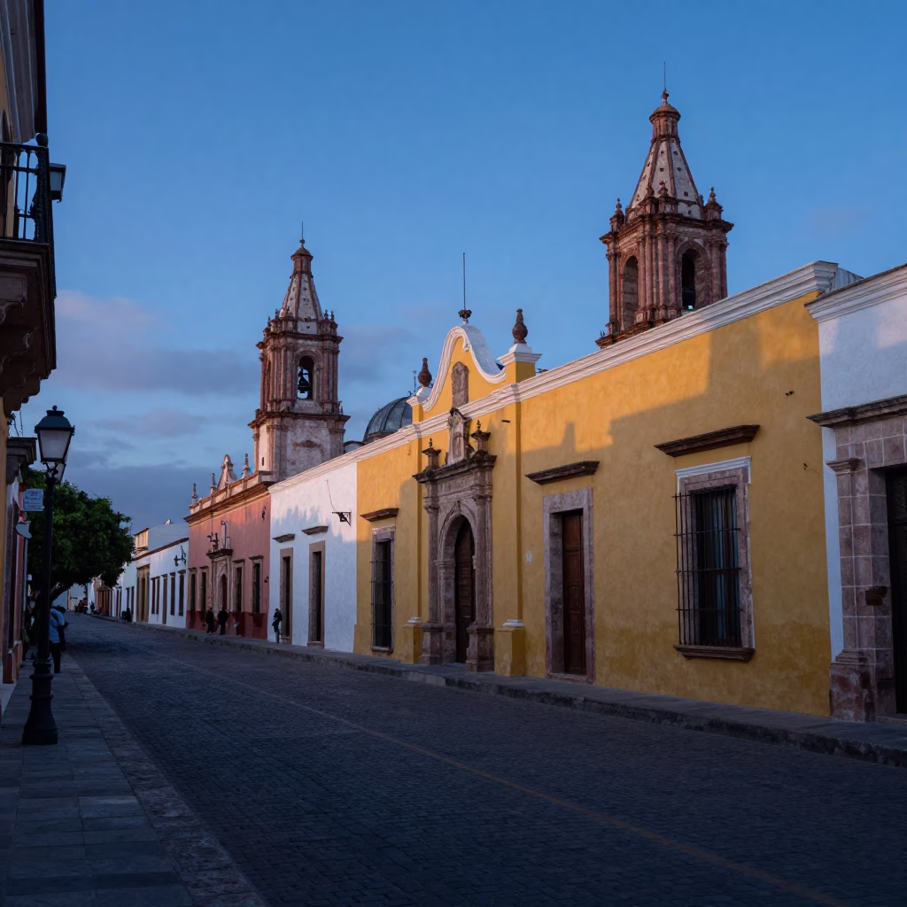 Merida Mexico Pre-Dawn Street Scene Colonial Architecture and Local Morning Activity in in Merida, Mexico