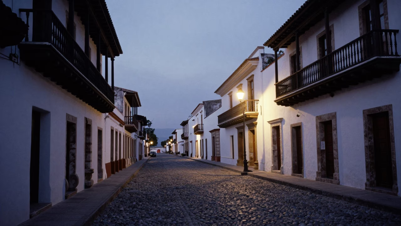 Merida Mexico Pre-Dawn Street Scene with Colonial Architecture and Local Life in in Merida, Mexico