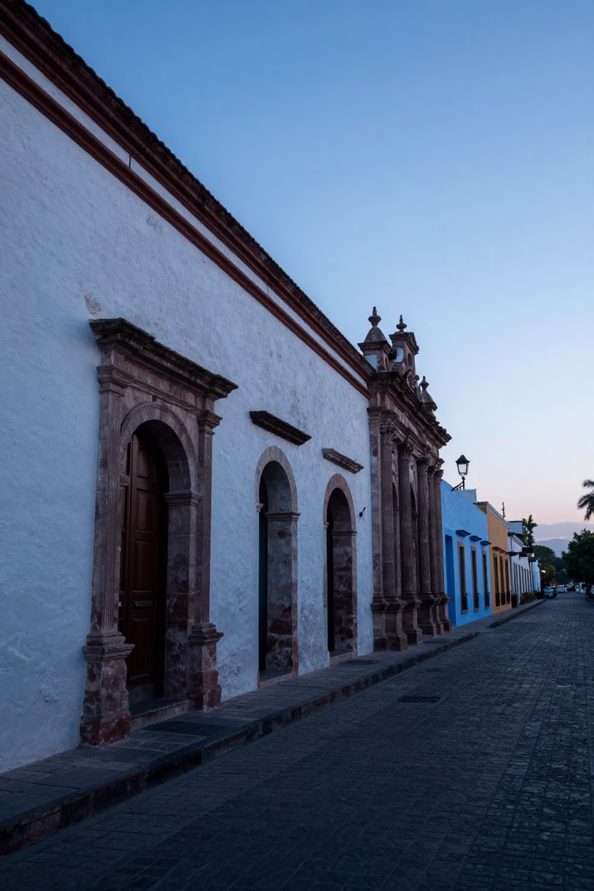 Merida Mexico pre-dawn street scene with colonial architecture and quiet morning stillness in in Merida, Mexico