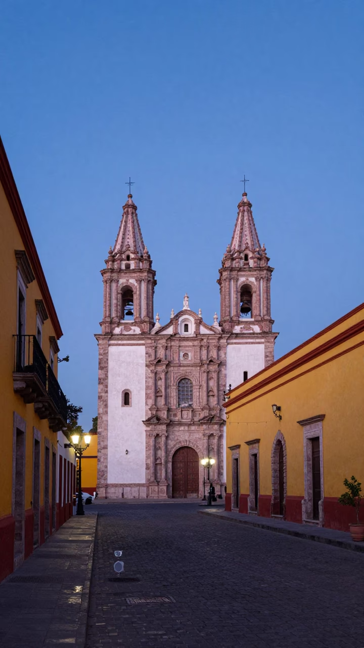 Merida Mexico pre-dawn street scene with colorful colonial architecture and local market activity in in Merida, Mexico