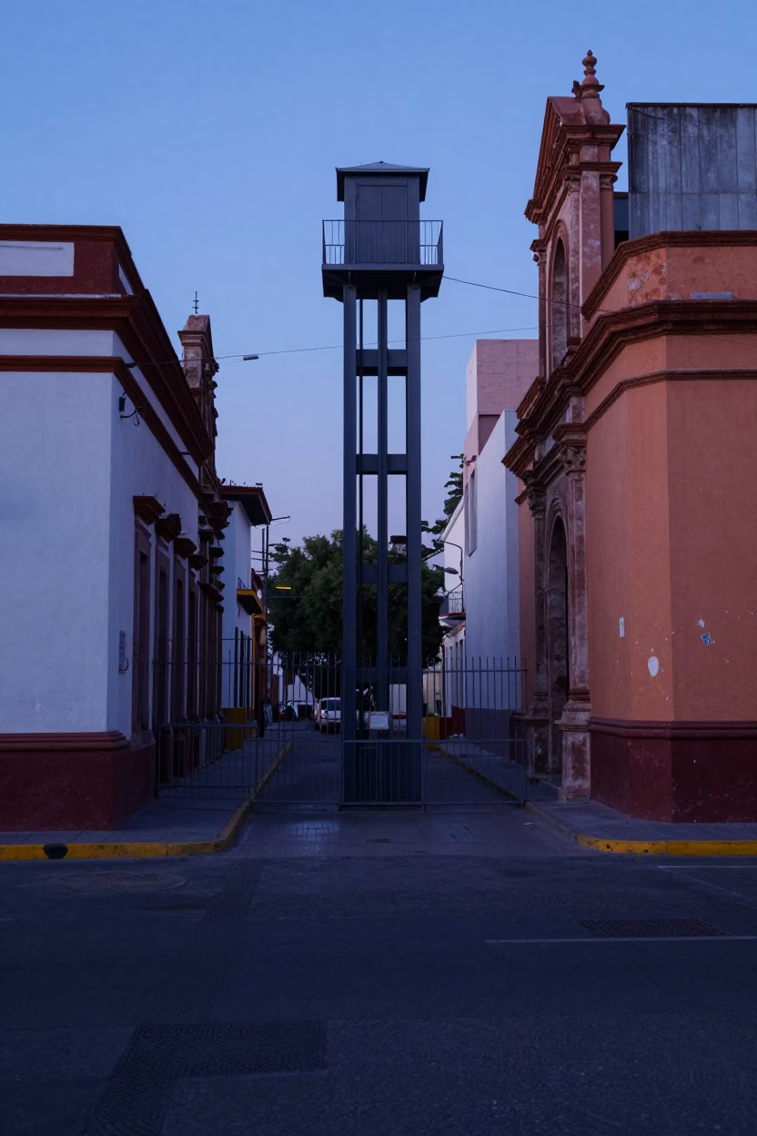 Merida Mexico Pre-dawn Street Scene With Construction Gate And Terracotta Pot in in Merida, Mexico