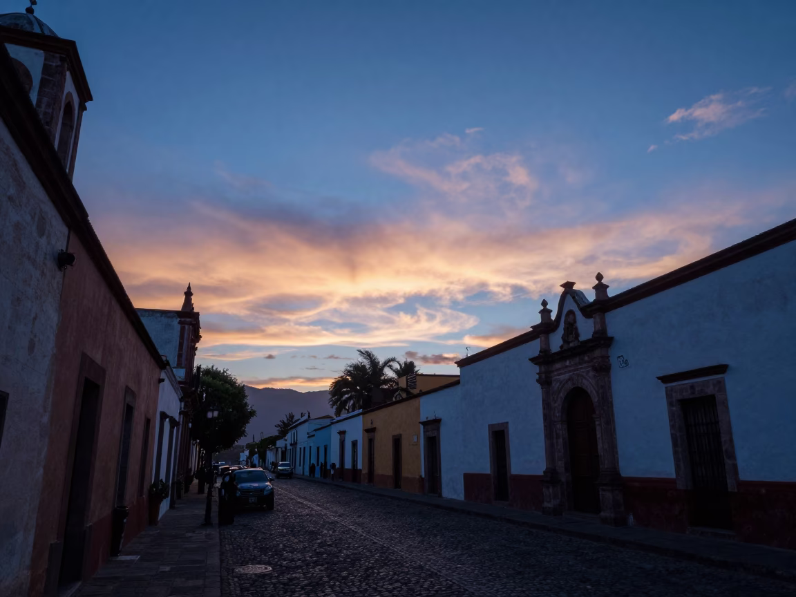 Merida Mexico Pre-Dawn Street Scene With Morning Glory Clouds And Local Market Activity in in Merida, Mexico