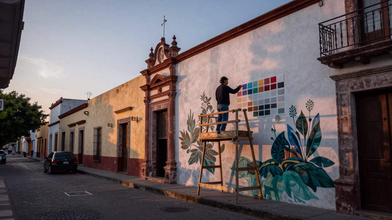 Merida Mexico Pre-Dawn Street Scene with Muralist and Scaffold in in Merida, Mexico