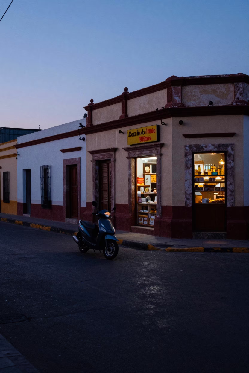 Merida Mexico Pre-Dawn Street Scene with Scooter and Local Commerce in in Merida, Mexico