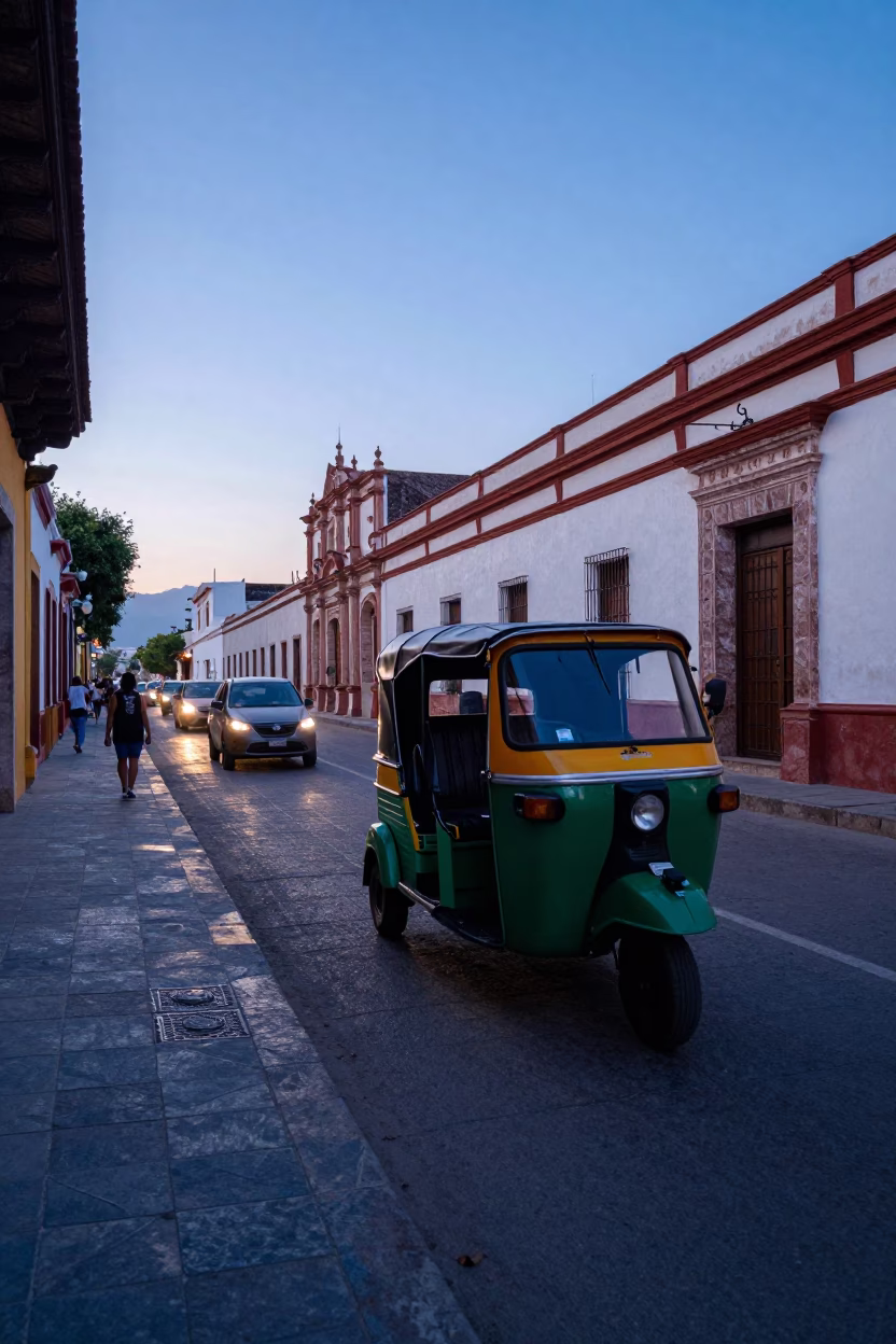 Merida Mexico Pre-Dawn Street Scene With Vintage Auto-Rickshaw and Local Market Activity in in Merida, Mexico
