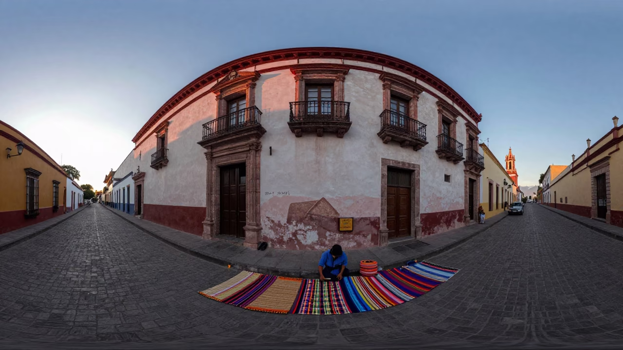 Merida Mexico Pre-Dawn Street Scene with Woven Mats and Local Commerce in in Merida, Mexico