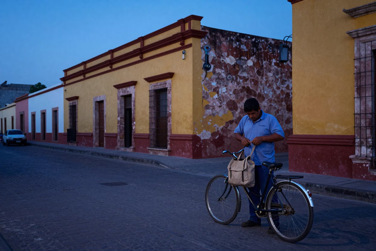 Merida Mexico Pre-Dawn Street Scene with Wrench and Yellow Colonial Architecture in in Merida, Mexico