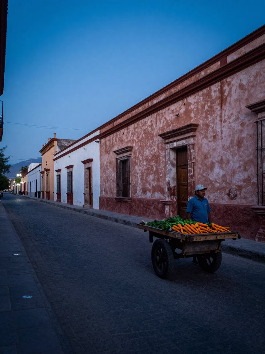Merida Mexico Pre-Dawn Street Scene with Yellow Carrots and Local Life in in Merida, Mexico
