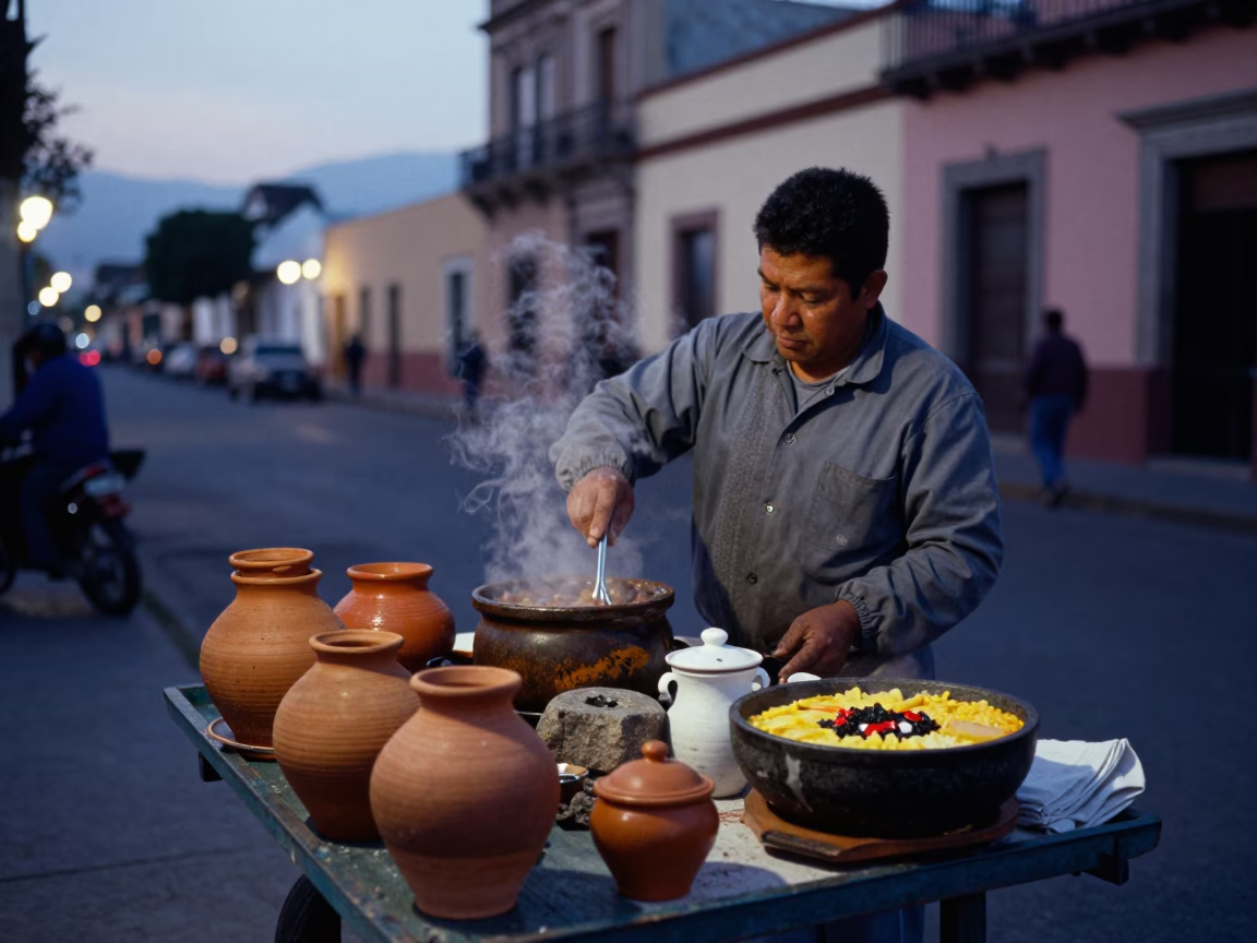 Merida Mexico Pre-Dawn Street Vendor with Clay Pots and Stone Bowls in in Merida, Mexico