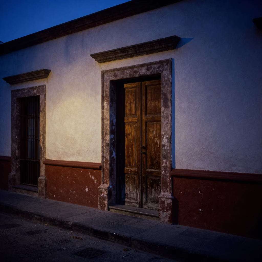 Merida Mexico predawn street scene with brush and dimly lit doorway in colonial architecture in in Merida, Mexico
