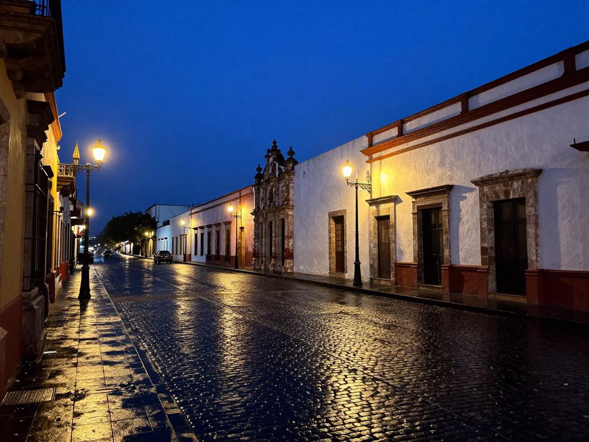 Merida Mexico predawn street scene with colonial architecture and quiet early morning activity in in Merida, Mexico