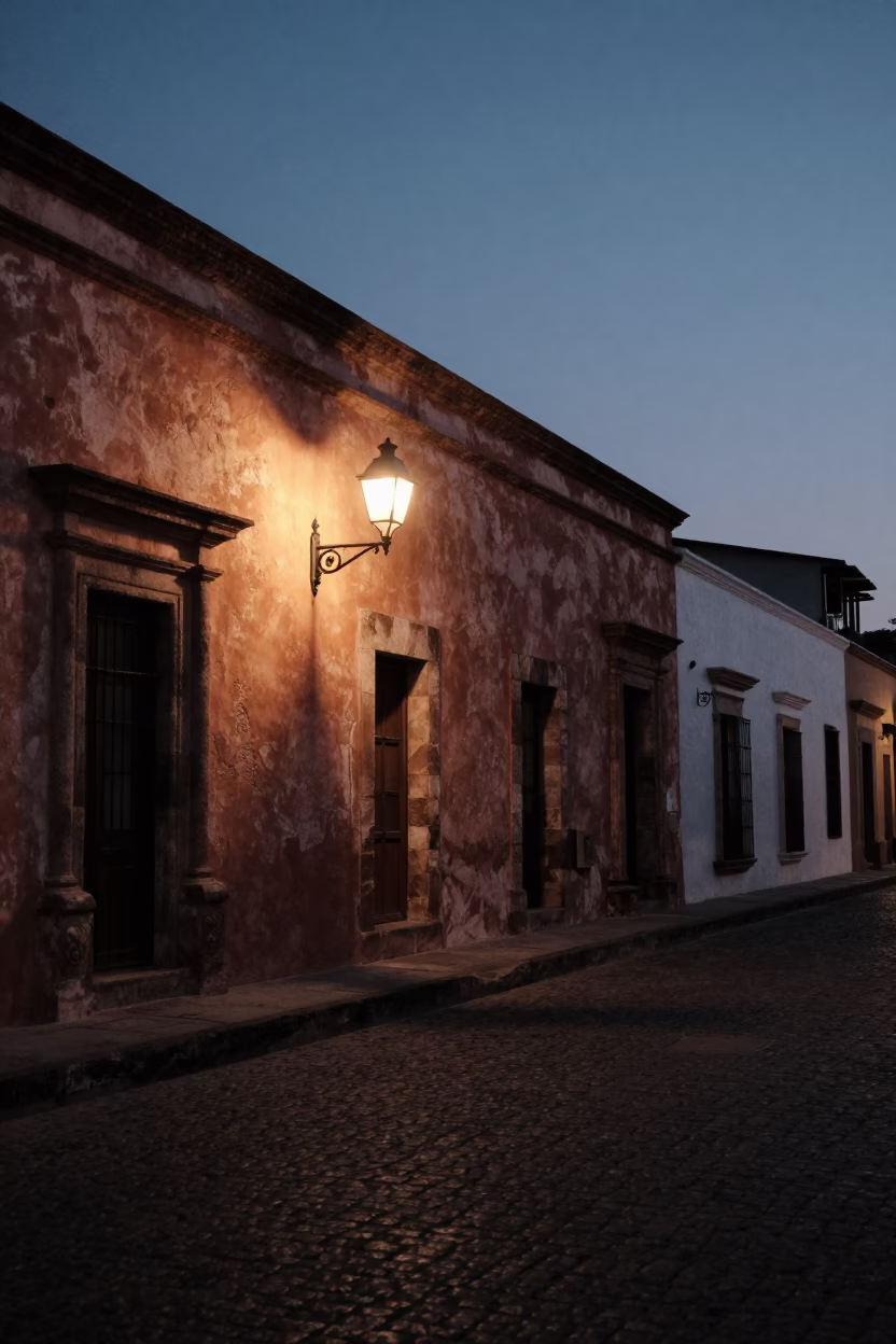 Merida Mexico predawn street scene with colonial architecture and quiet morning atmosphere in in Merida, Mexico