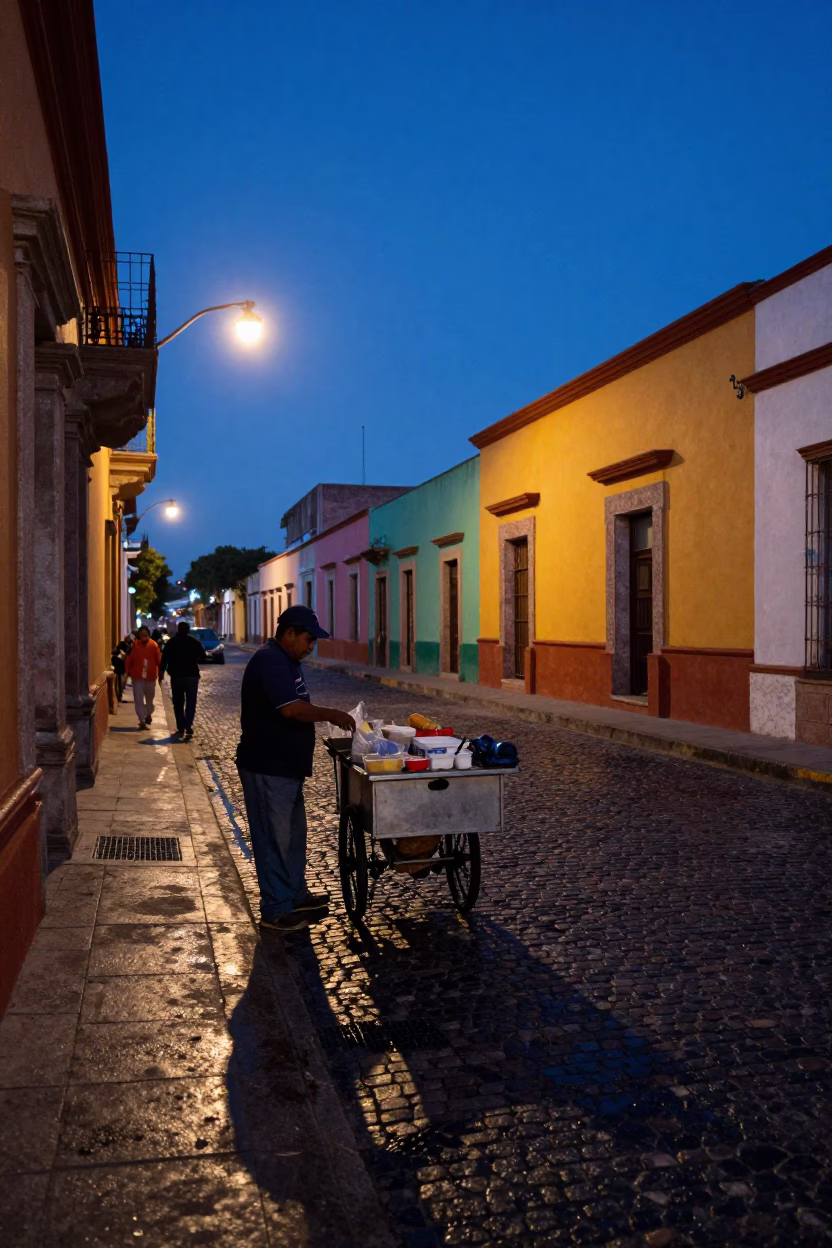 Merida Mexico Predawn Street Scene with Local Vendor and Colorful Colonial Architecture in in Merida, Mexico