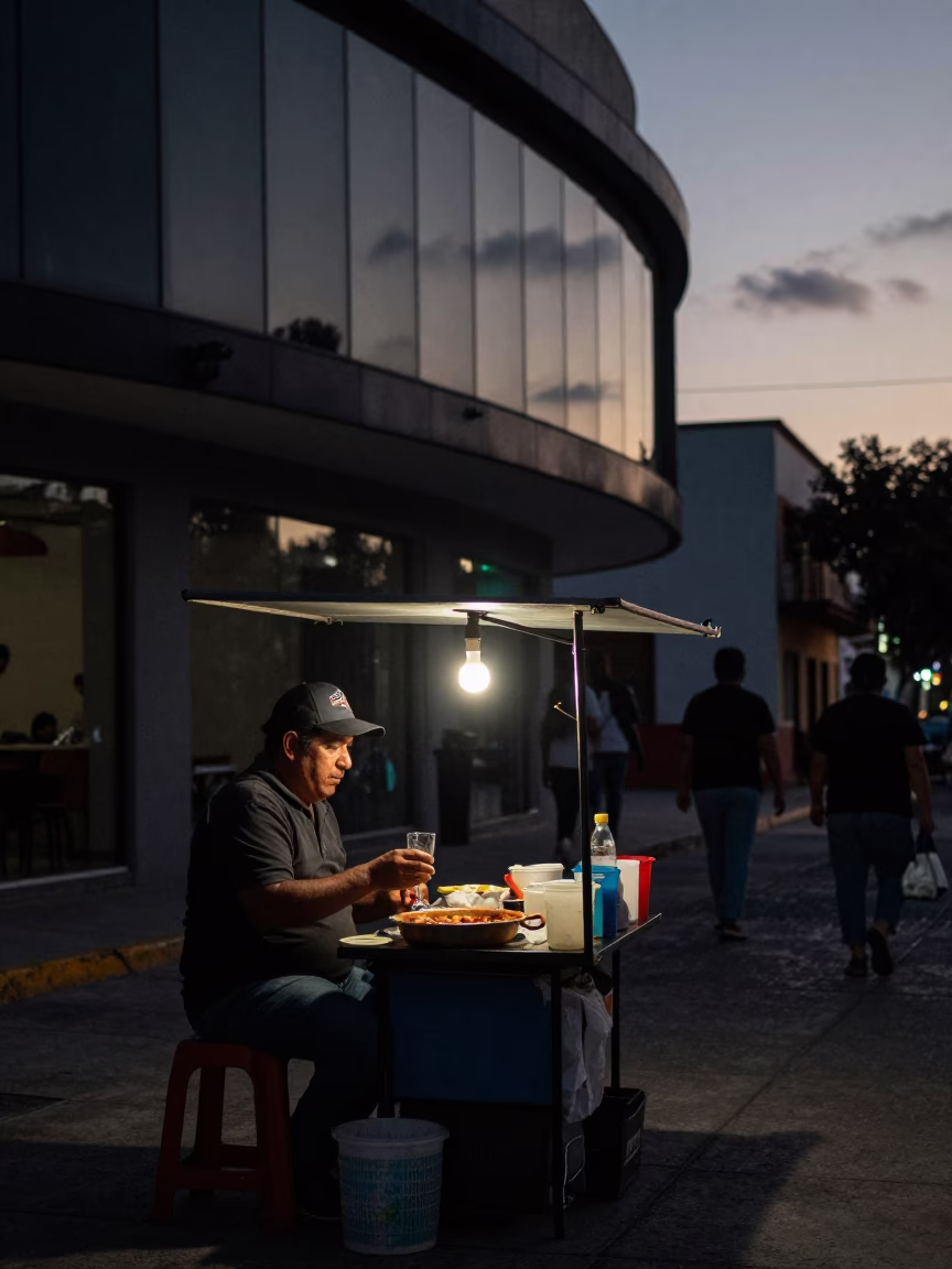 Merida Mexico Predawn Street Scene with Local Vendor and Glass Reflections in in Merida, Mexico