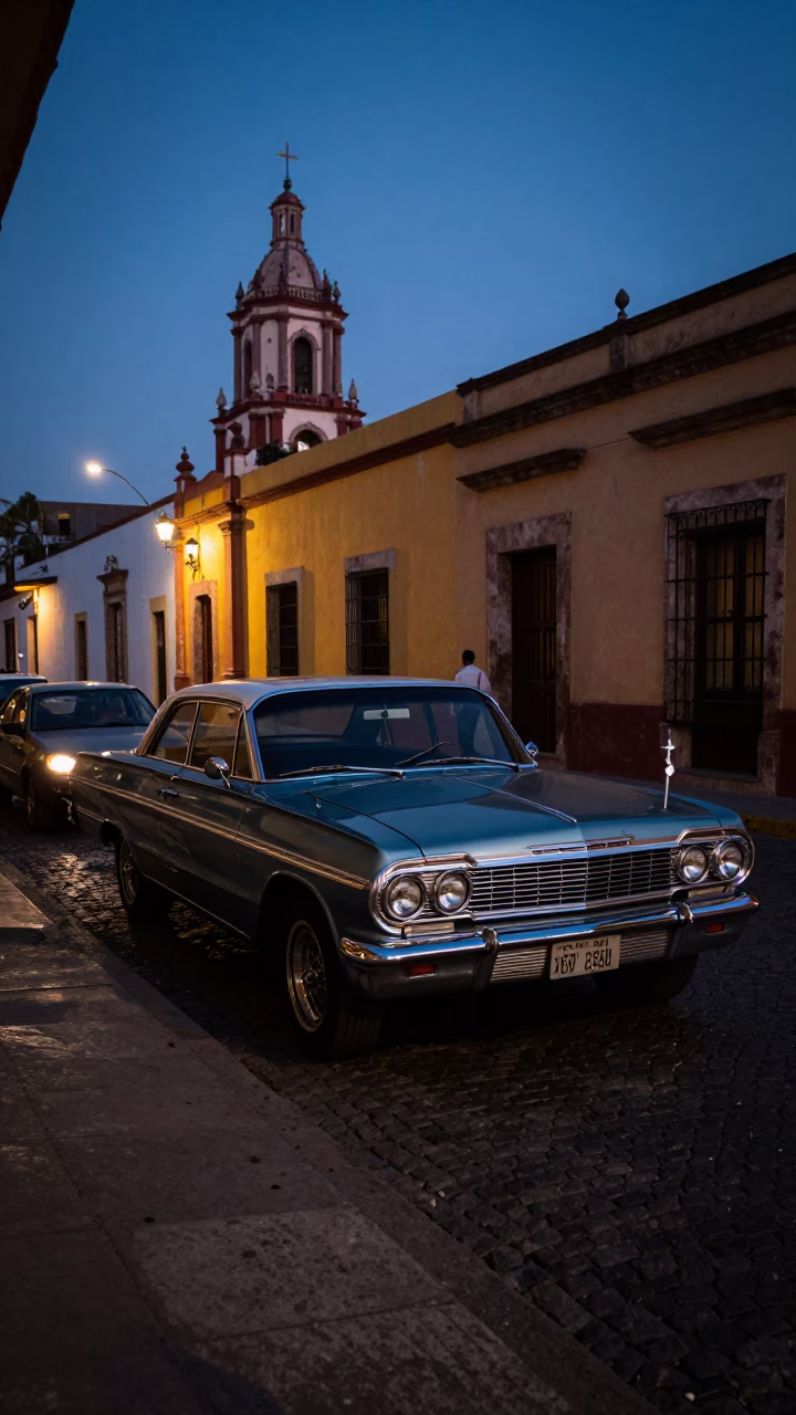 Merida Mexico Predawn Street Scene with Vintage 1970s Car and Local Market Stall in in Merida, Mexico